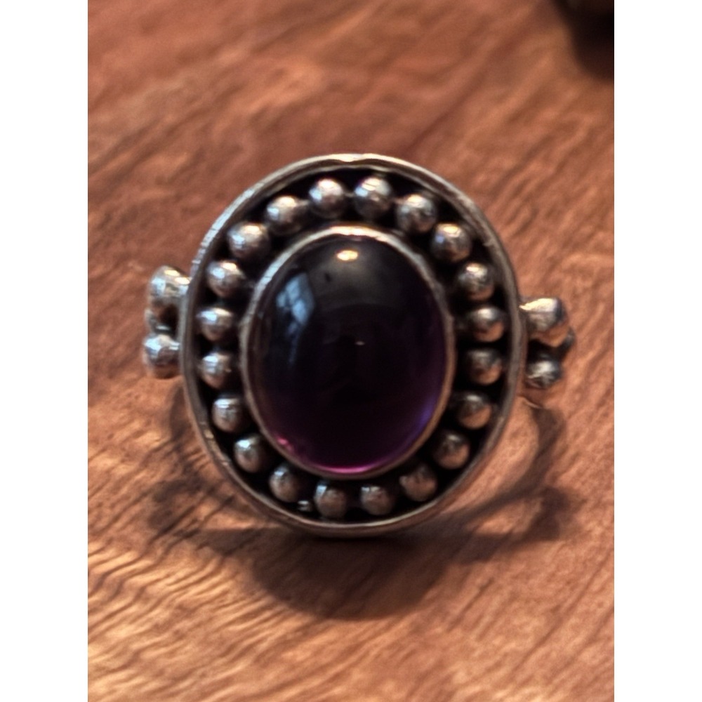Vintage Sterling Silver Cabachon Amethyst Beaded Solitaire Ring Sz 8.25 India